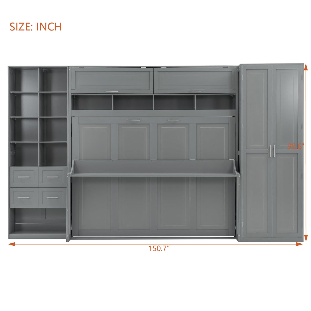 Merax Horizontal Murphy Bed Queen with Wardrobe, Queen Size Wall Murphy Bed with Small Desk, 2 Drawers, Storage Shelves and USB Charging Station, Wardrobe and Drawers Install on Left or Right, Gray Merax