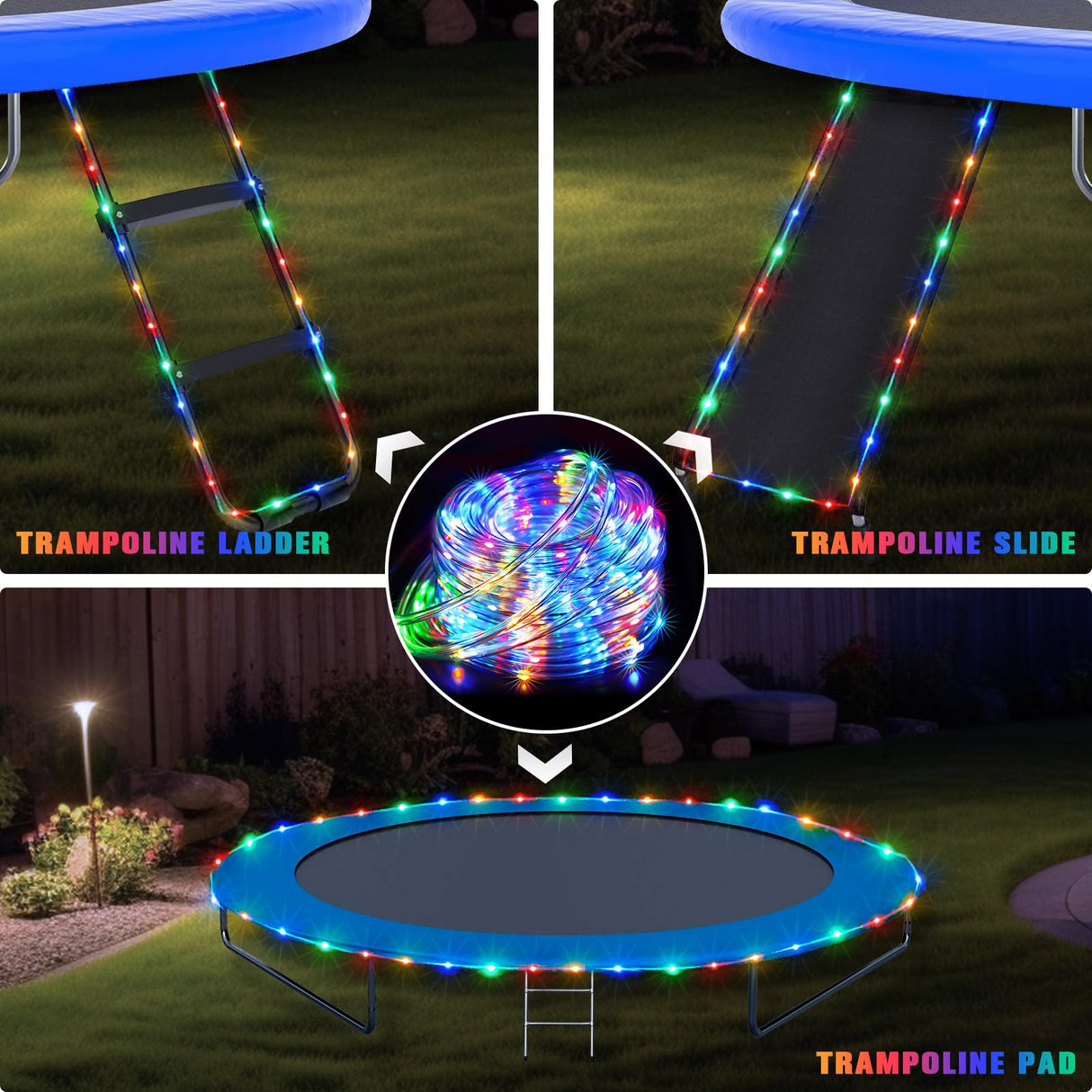 JMEXSUSS 200 LED Trampoline Accessories Solar Rope Light, 66ft IP 65 Waterproof Solar Pathway Lights Outdoor, 8 Modes Trampoline Lights for Basketball Hoop Ladder Slide Pathway Tent Camp(Multicolor) JMEXSUSS