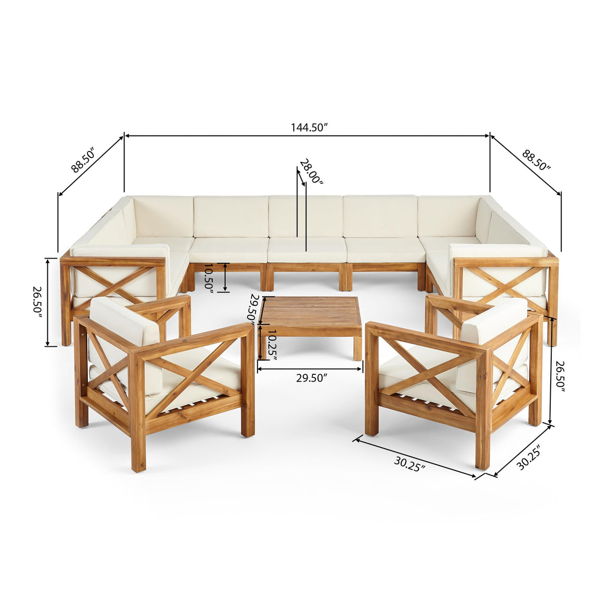 Christopher Knight Home Brava Outdoor Acacia Wood 11 Seater Sectional Patio Sofa Furniture Chat Conversation Sets with Cushions and Coffee Table, 28 "W x 30.25 "D x 26.5 "H, Teak + Beige Christopher Knight Home