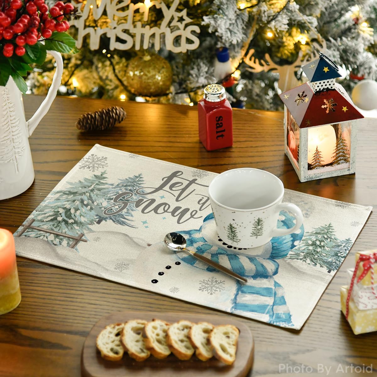Artoid Mode Xmas Trees Let It Snow Blue Snowman Christmas Placemats Set of 4, 12x18 Inch Winter Table Mats for Party Kitchen Dining Decoration Artoid Mode