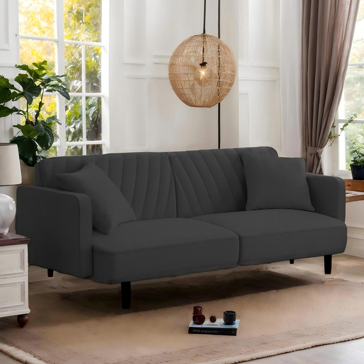 Modern Velvet Futon Sofa Bed,Convertible Sleeper Loveseat with 4 Folding Backrest,78" Comfy Deep Seat Cloud Couch Bed for Living Room Apartment Office (Black) Majnesvon