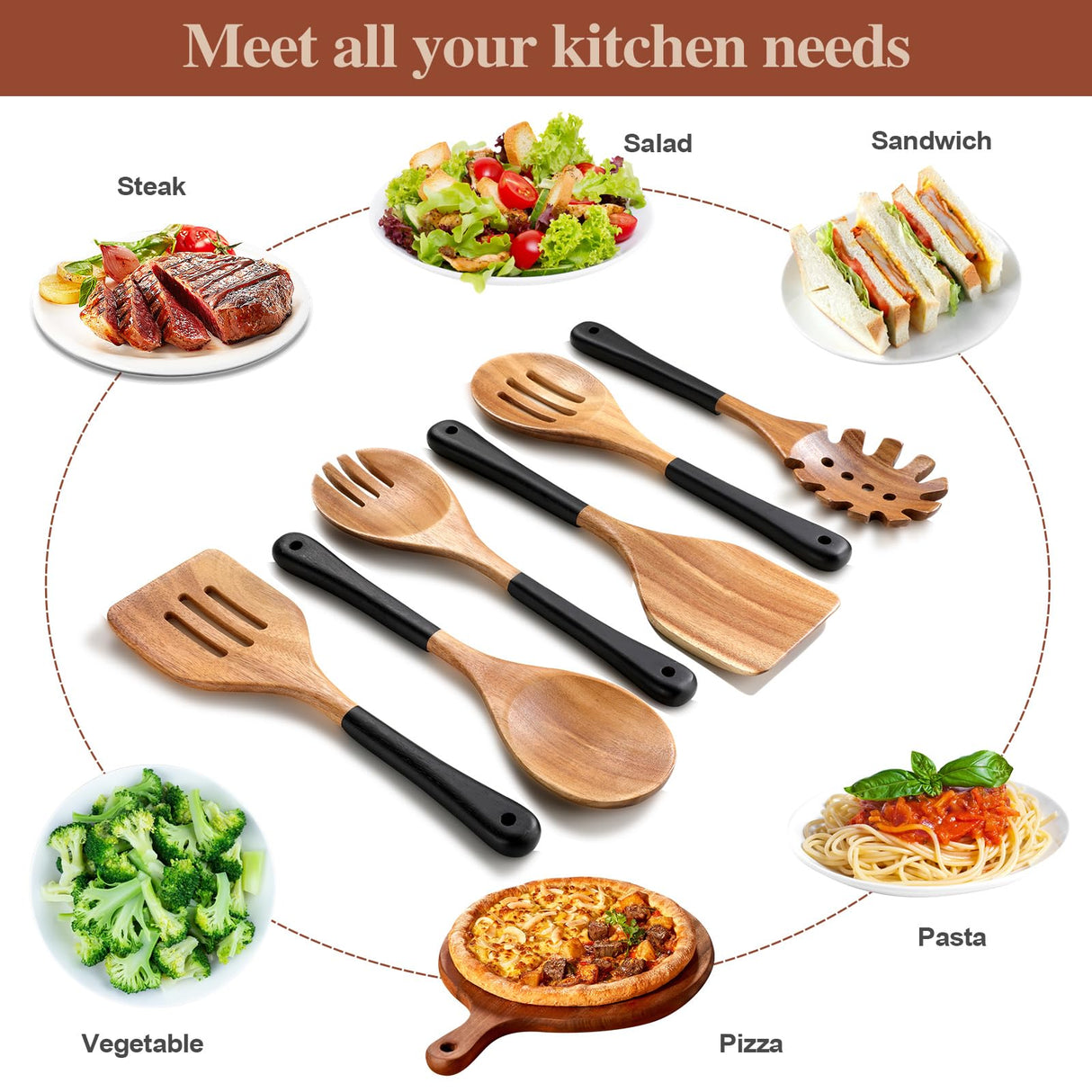 ROSOS Wooden Spoons For Cooking, 6 PCS Natural Acacia Wooden Cooking Utensils or Non-Stick Wooden Kitchen Utensil Set for Kitchen Essentials, Smooth Grip Wooden Cooking Spoons with Hanging Hole, Black ROSOS