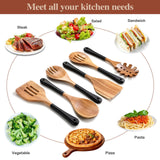 ROSOS Wooden Spoons For Cooking, 6 PCS Natural Acacia Wooden Cooking Utensils or Non-Stick Wooden Kitchen Utensil Set for Kitchen Essentials, Smooth Grip Wooden Cooking Spoons with Hanging Hole, Black ROSOS