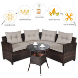 HAPPYGRILL 4 Pieces Curved Outdoor Sofa Set Rattan Wicker Patio Furniture Set with Coffee Table & Cushions Modern Conversation Set Curved Sofa Set for Garden Poolside Balcony HAPPYGRILL