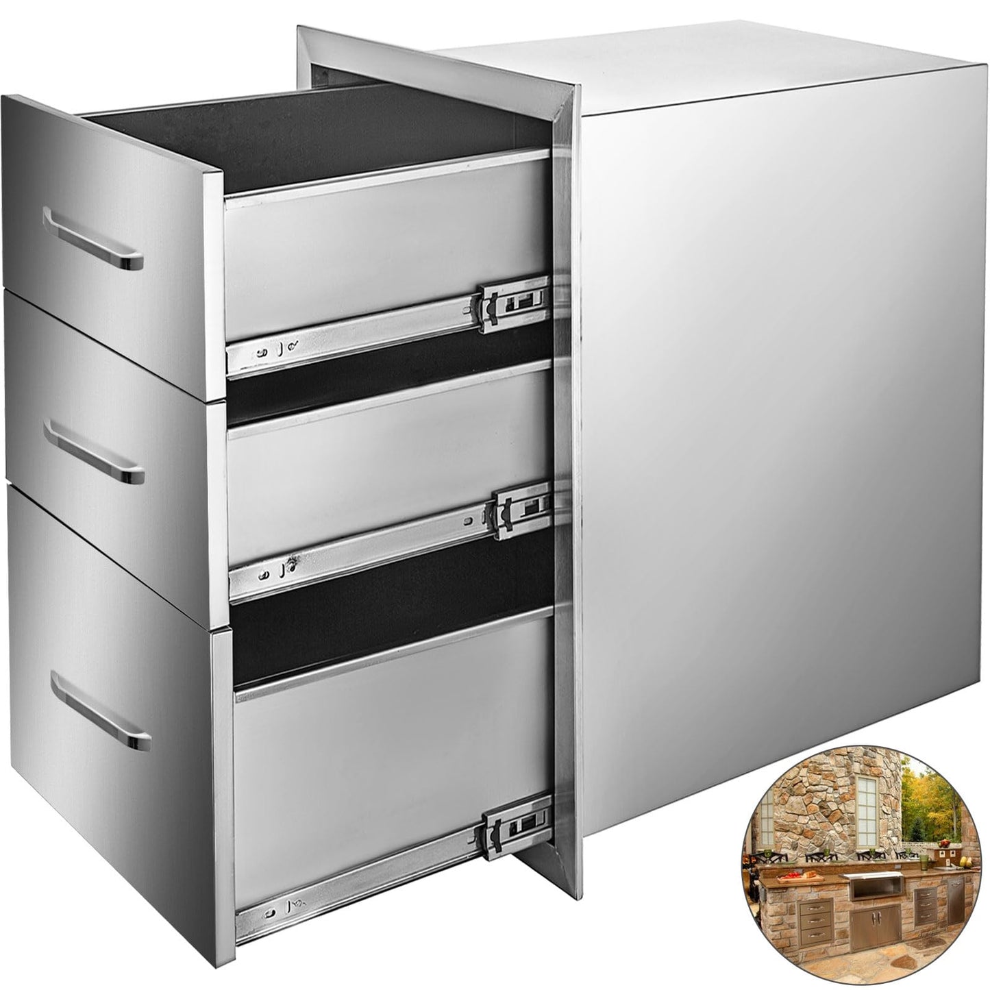 VEVOR 18x23 Inch Outdoor Kitchen Stainless Steel Triple Access BBQ Drawers with Chrome Handle, 18"W x 20.5"H x 23"D