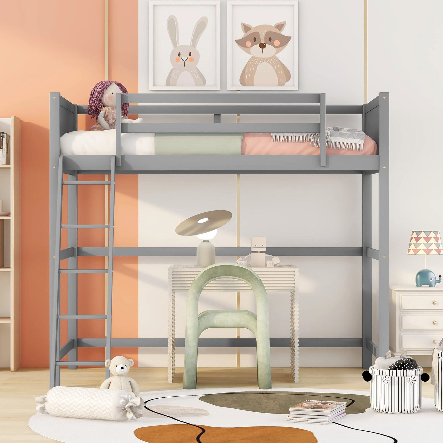 Stylish Grey Twin Loft Bed Frame with Angled Ladder by Harper & Bright Designs - WoodArtSupply