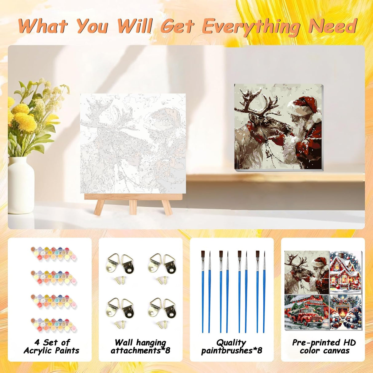 4 Pack Christmas Gnome Paint by Numbers Kit for Adults Beginner,Winter House Elk Easy Painting by Numbers Kits,DIY Truck Oil Painting with Acrylic Paint(with Frame), Home Wall Decor 9.84 x 9.84 in CZYWJMEI