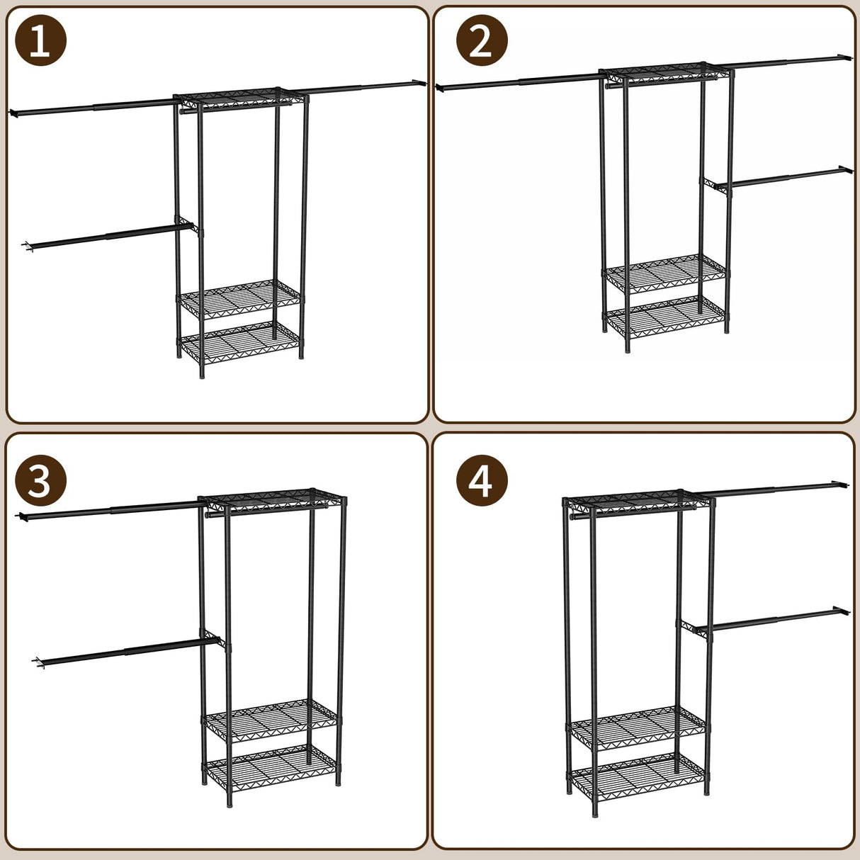 Golpart Closet Storage Organizer System,Expandable Wall Mounted Clothes Rack,3 Tiers Heavy Duty Metal Garment Rack with 3 Extendable Hanger Rods,Fits Space 5.7~8.8ft Width,76.77" H x 15.75" D Golpart