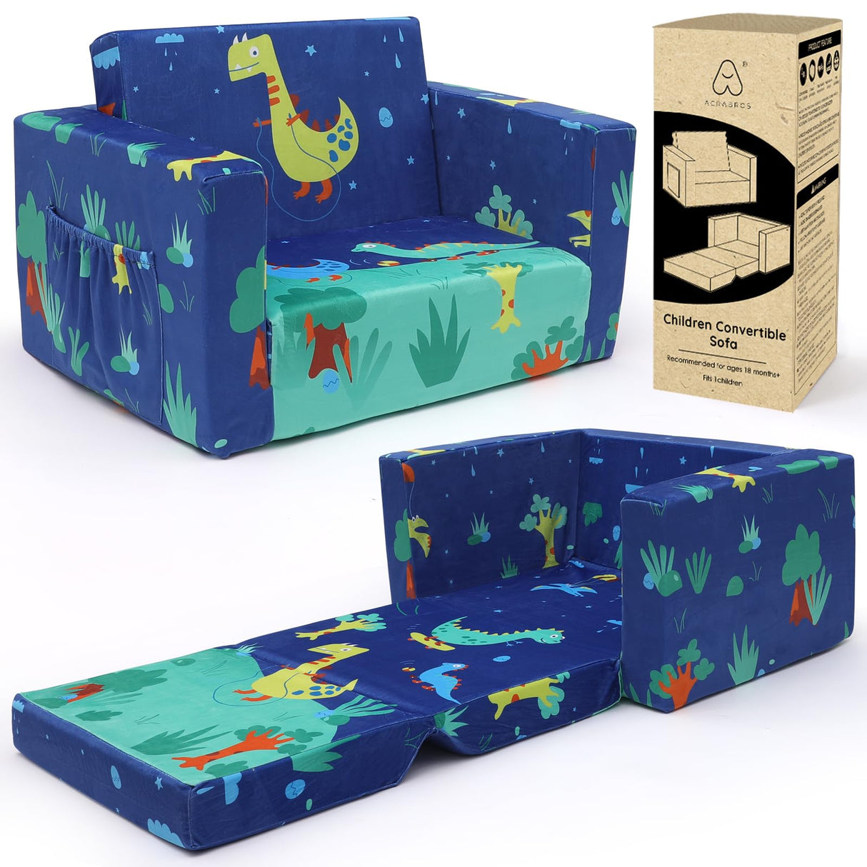 ACRABROS Kids Couch: Toddler Sofa Bed Fold Out for Gilrs Boys Baby Flip Out Convertible Lounge Chair Dinosaur ACRABROS