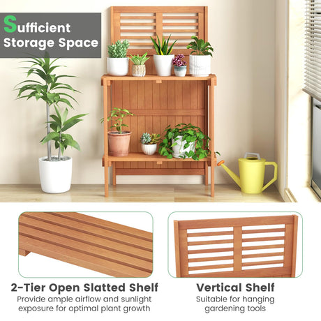 Toolsempire Garden Potting Bench Table, Folding Potting Bench Outdoor Workstation with Trellis & 2-Tier Shelves, Wood Potting Table for Outdoor, Deck, Balcony, Garden, Backyard Toolsempire