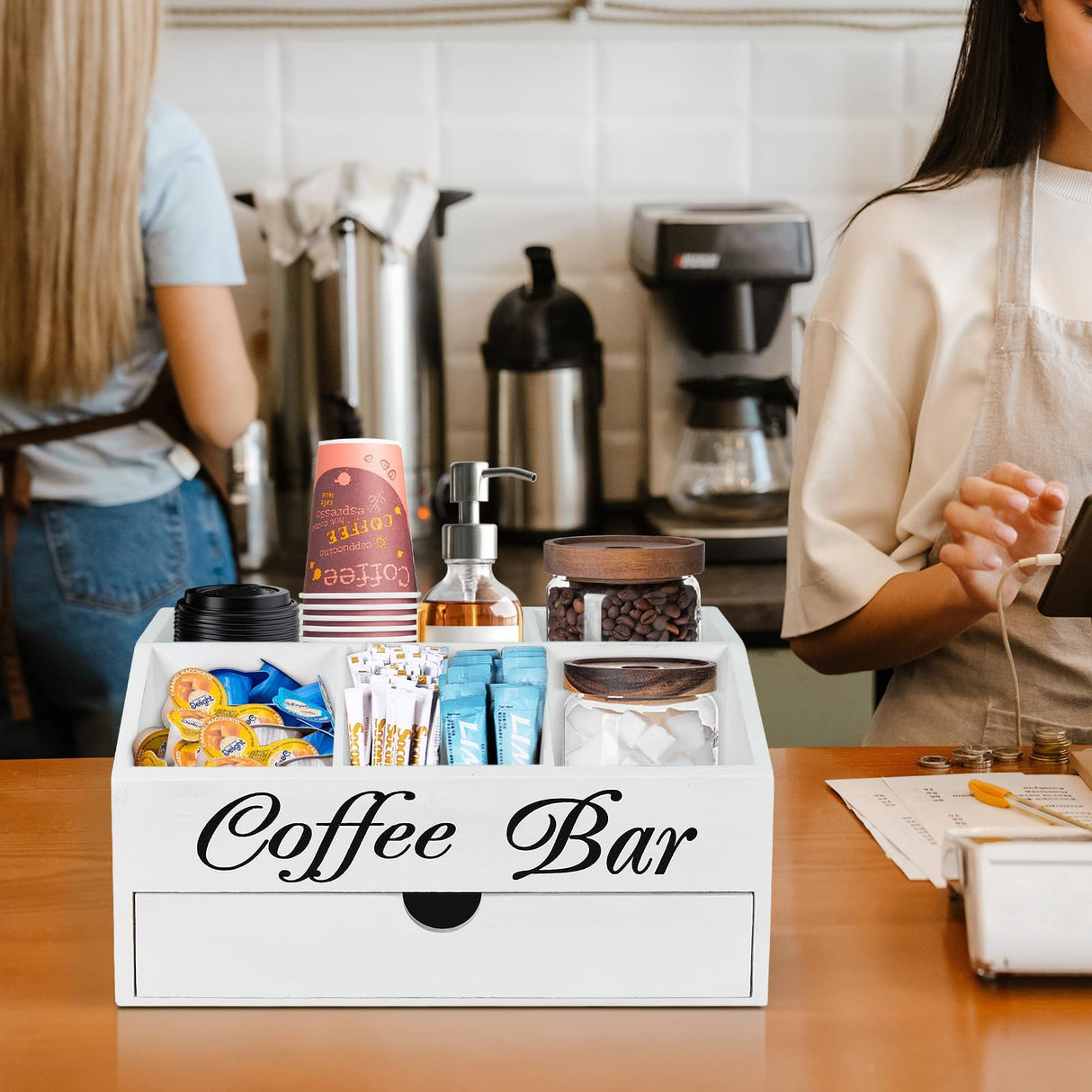 Coffee Bar Organizer Countertop, Wooden Coffee Bar Accessories Organizer With Drawer, Coffee Station Organizer Coffee Pods Holder Storage Basket, Farmhouse Coffee and Tea Condiment Organizer Station ugiftt