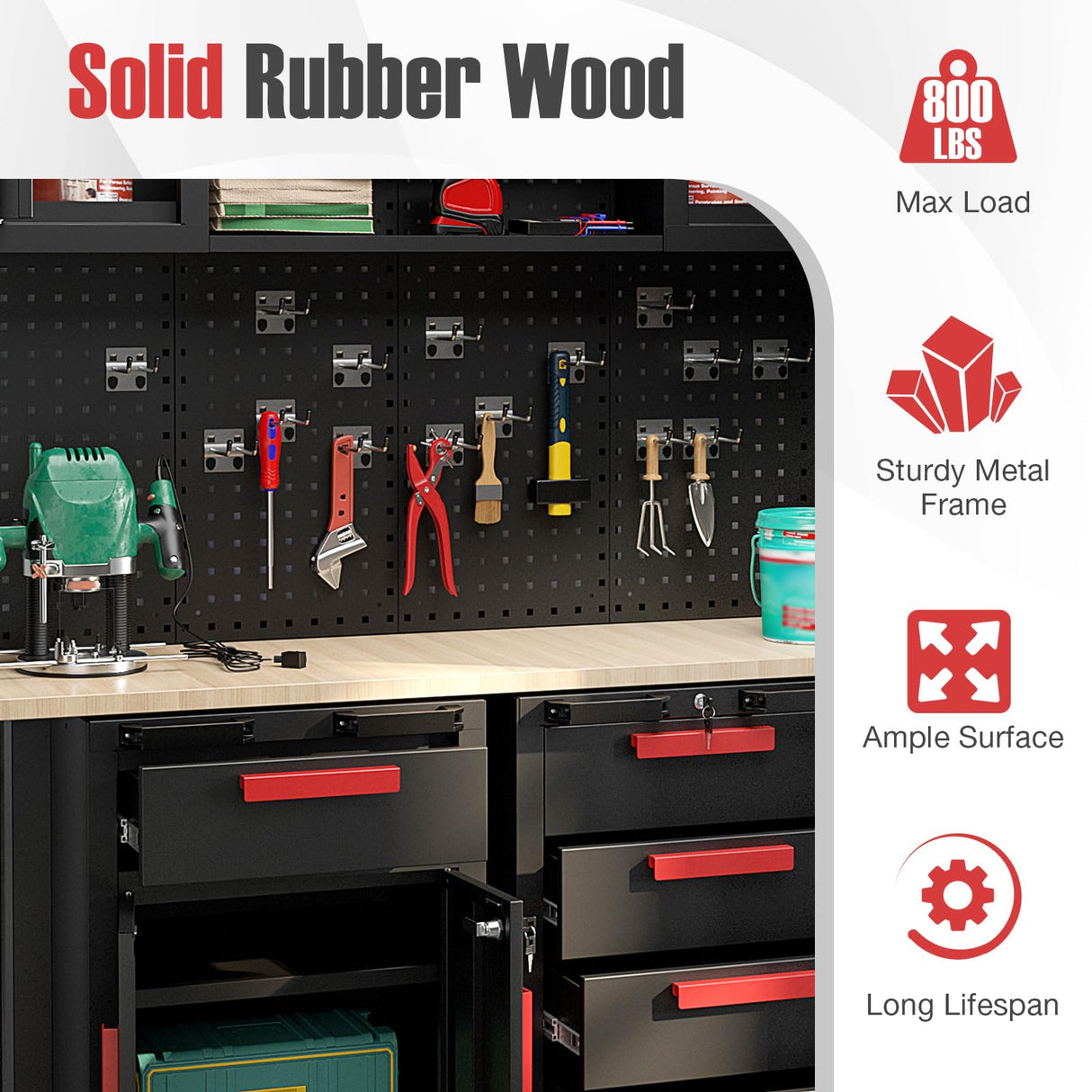 Goplus Garage Cabinets and Storage System, 6-Piece Garage Organization Cabinets Set with Rubber Wood Worktop, Pegboard, 2 Rolling Chests, Lockers, Tool Storage Chest for Workshop, 81.5” x 18.5” x 76” Goplus