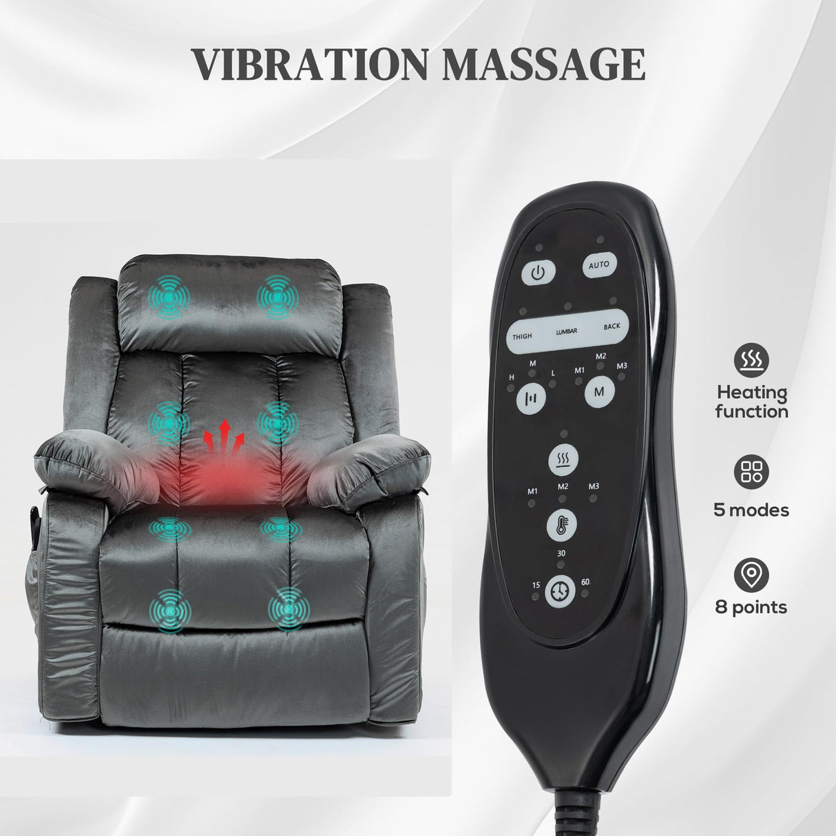 HOMCOM Power Lift Recliner Chair for Elderly, Fabric Massage Chair with Massage and Heat, Electric Lift Chair with USB Ports, Remote Controllers and Side Pockets, 35" Wide Back, Gray HOMCOM