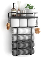 Wall Mounted Towel Rack for Bathroom - Bath Storage Holder Set Above Toilet, Rolled Towel Shelf Organizer, Wood Vertical Rack for Small Bathroom Decor, Black Aetyord