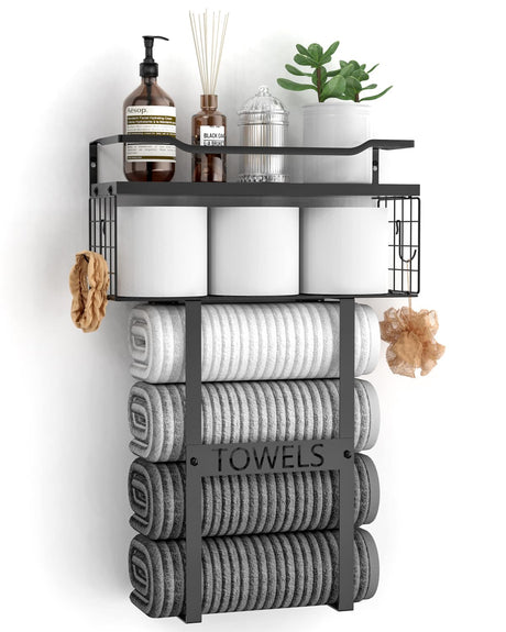 Wall Mounted Towel Rack for Bathroom - Bath Storage Holder Set Above Toilet, Rolled Towel Shelf Organizer, Wood Vertical Rack for Small Bathroom Decor, Black Aetyord