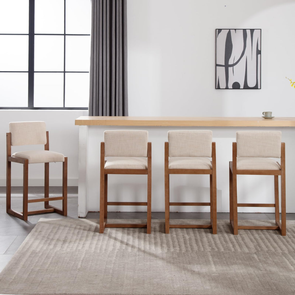 LukeAlon Linen Counter Stools Set of 4, Farmhouse Upholstered 26" Seat Height Counter Height Bar Stools with Wood Legs Open Back for Home Pub Kitchen, Beige LukeAlon