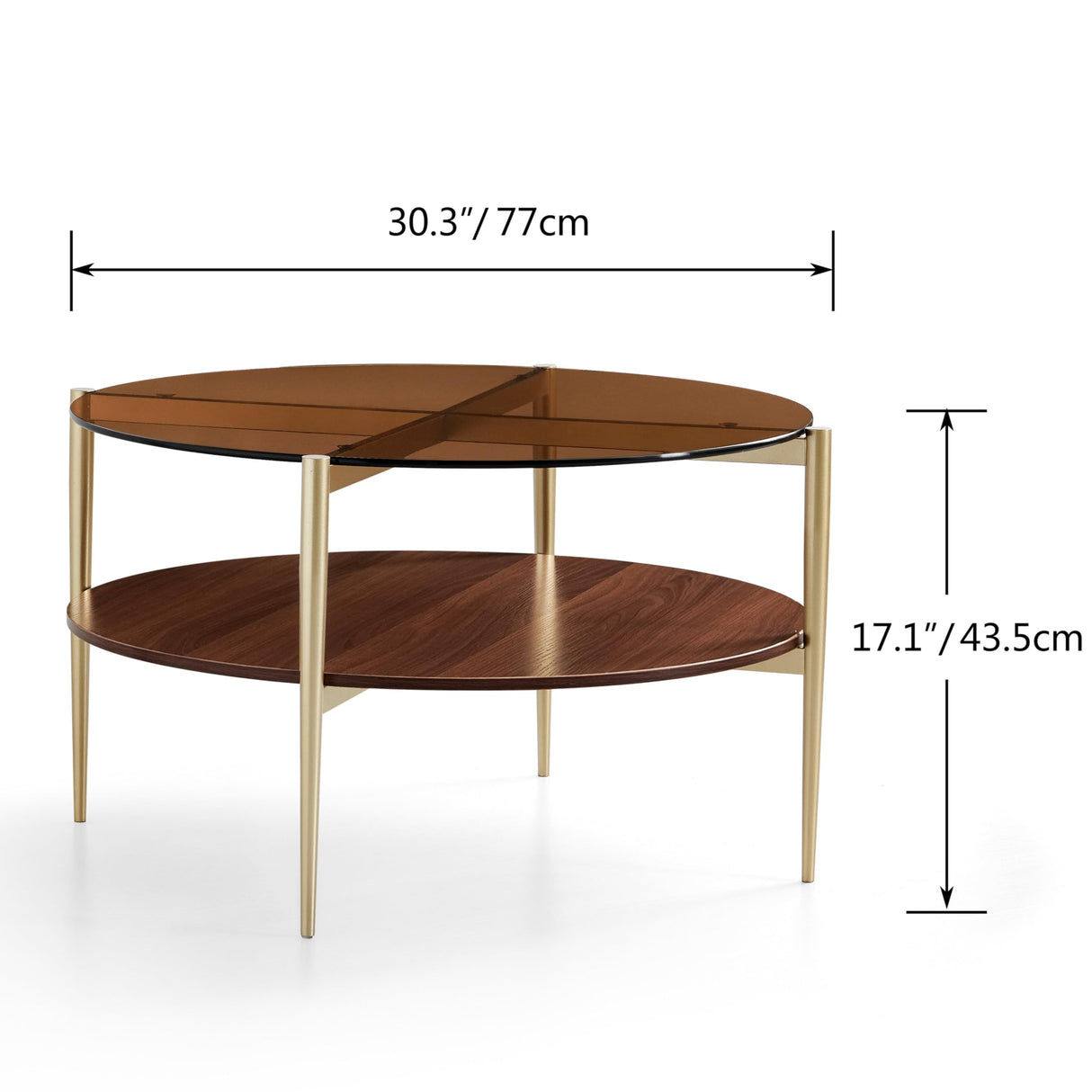 Saint Mossi Glass Round Coffee Table for Living Room, Middle-Century Modern Style, Coffee Brown Glass Top & Walnut Brown MDF Wood Top, with Gold Finish Legs & Frame SM Saint Mossi