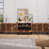 BVIUNTWO 3-Sided Glass Farmhouse Fireplace TV Stand for TVs Up to 110 Inch, Entertainment Center with 36" Electric Fireplace, Brown TV Console with Storage Cabinets for Living Room BVIUNTWO