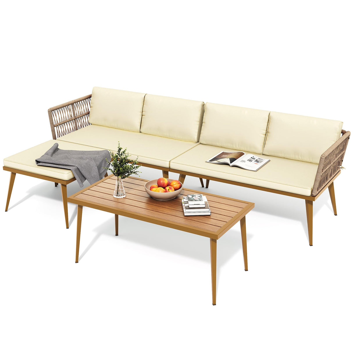 YITAHOME 4 Pieces Patio Furniture Set, Outdoor Rattan Woven Conversation Sectional L-Shaped Sofa with 5 Seater for Backyard, Porch, Boho Detachable Lounger with Cushions and Side Table - Beige YITAHOME