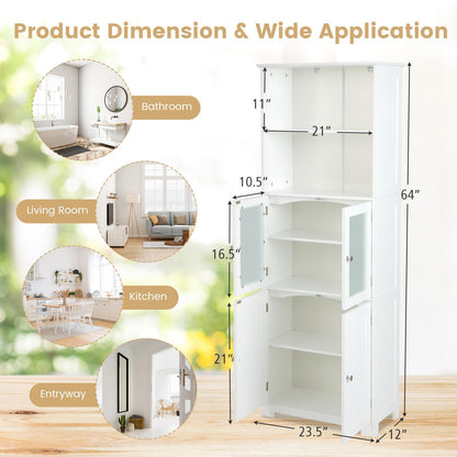 COSTWAY Tall Bathroom Storage Cabinet, Freestanding Kitchen Pantry Cabinet with Glass Doors and Adjustable Shelf, 64” Wooden Linen Floor Cabinet for Bathroom, Living Room, Kitchen (White)