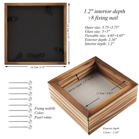 1DOT2 5x5 Small Shadow Box Frame Display Case, Grade A Natural Pine Wood HD Glass Front Soft Linen Back, 1.2 inches Interior Depth-Carbonized Black 1DOT2