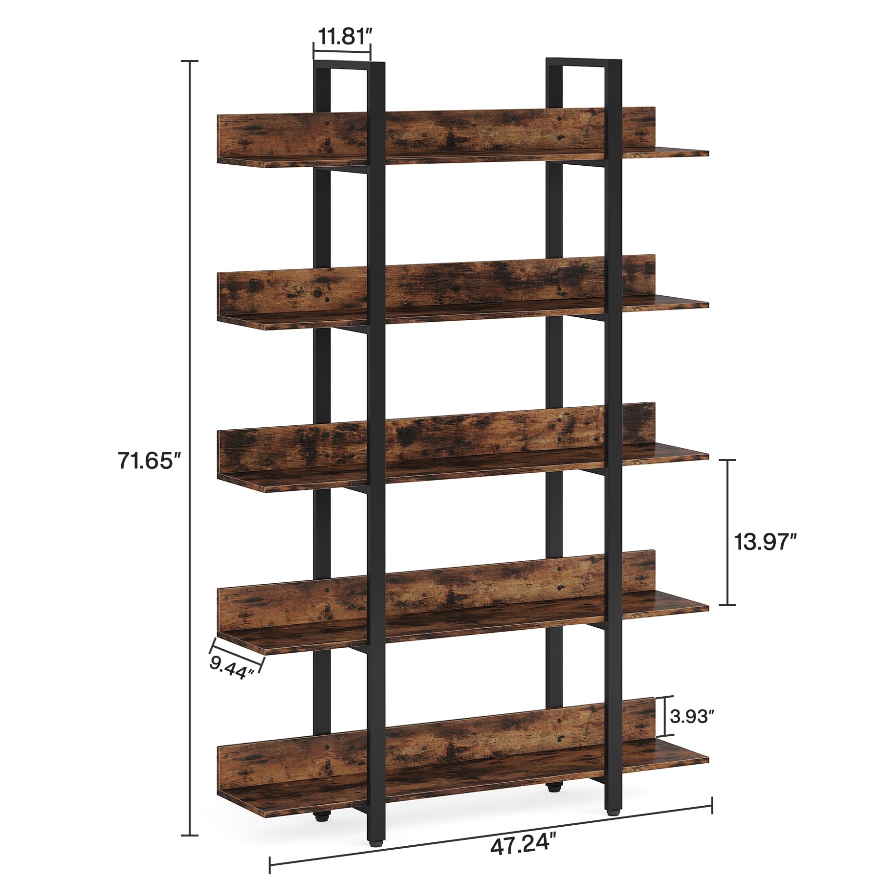 Tribesigns Rustic Brown 5-Tier Industrial Bookshelf with Back Fence - WoodArtSupply