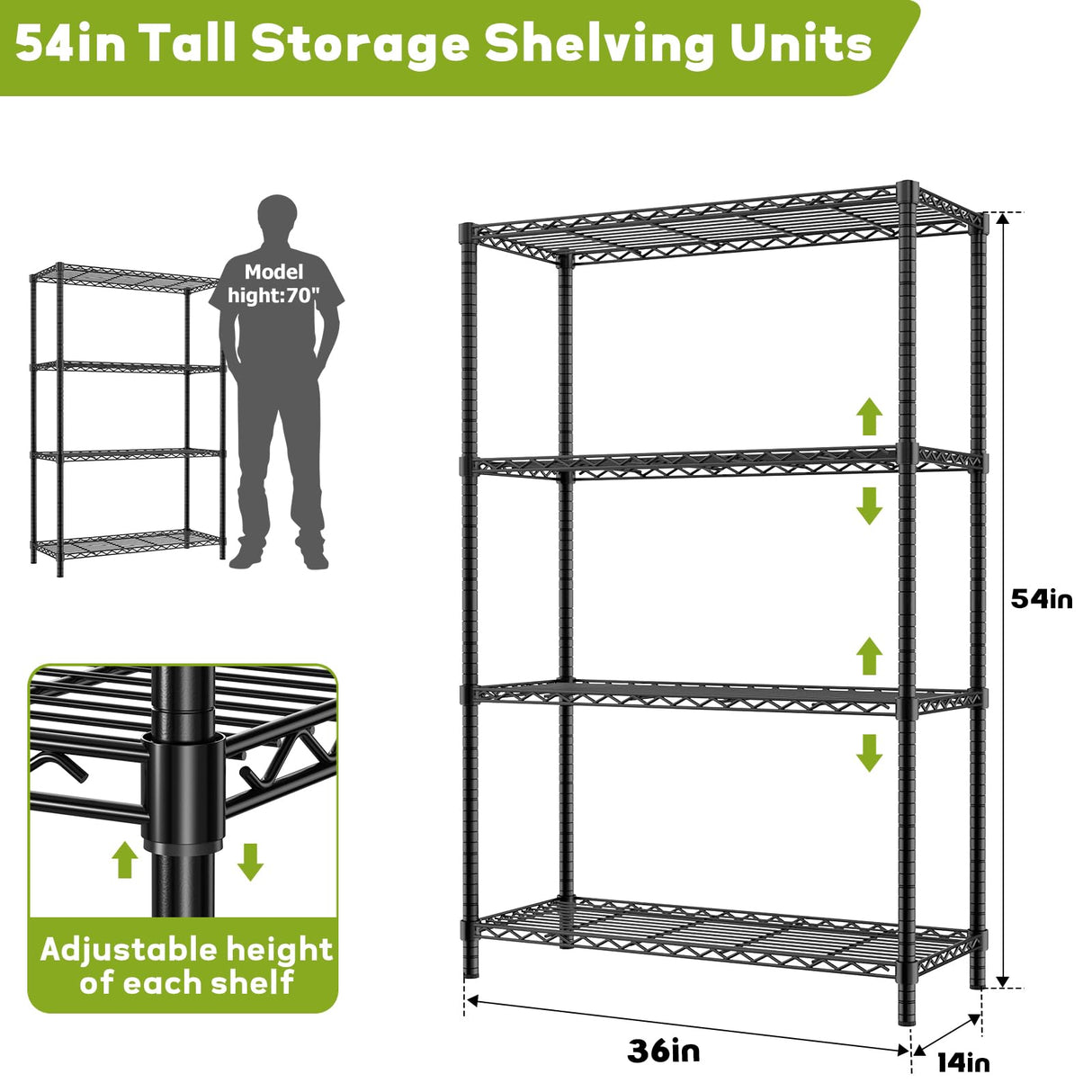 Storage Shelves Heavy Duty, 36" L x 14" W x 54" H Garage Wire Shelving Unit Loads 1400LBS, 4-Tier Adjustable Metal Industrial Utility Shelf Rack for Kitchen, Laundry Room, Pantry, Warehouse, Basement ROOMTEC
