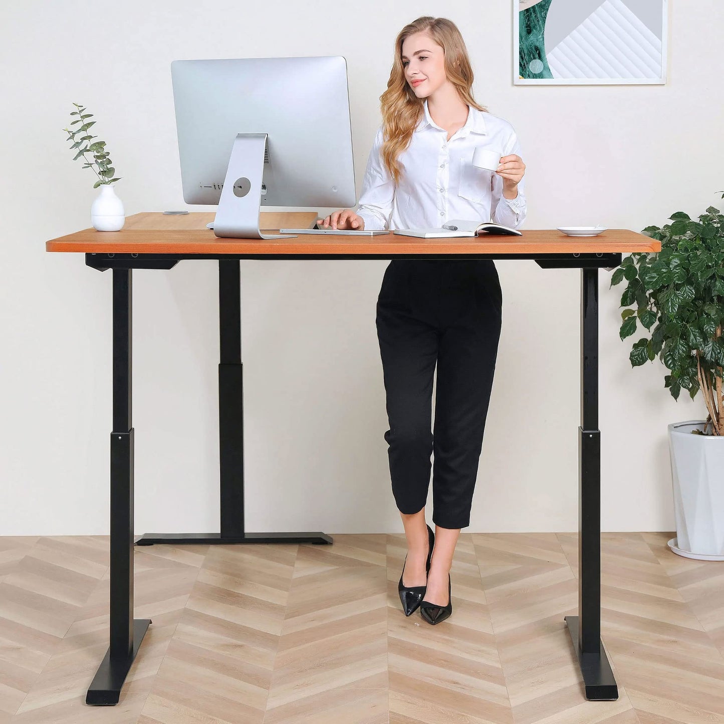 BRODAN Electric Standing L Desk with Power Charging Station, Adjustable Height Sit Stand Home Office Desk, L Shaped Computer Desk, 67x59 inches Corner Stand Up Desk, Walnut Top with Black Fra - WoodArtSupply