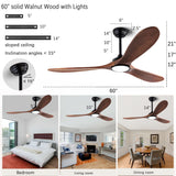 QUTWOB 60" Wood Ceiling Fans with Lights and Remote Control,Indoor Outdoor 3 Blades Wooden Ceiling Fan for Garage,Patio,Living Rooms,Bedrooms,Offices,Farmhouse(Black+Dark Walnut) QUTWOB