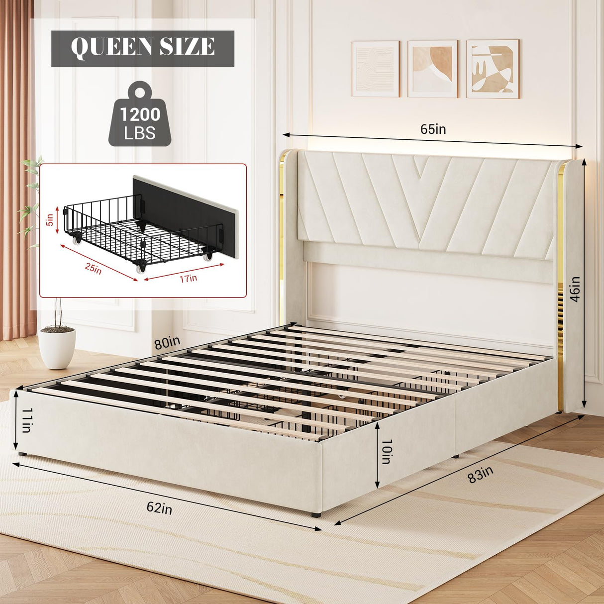 Queen Upholstered Led Bed Frame with 4 Storage Drawers, Queen Size Bed Frame with RGB Led Lights, Velvet Platform Bed Frame with Wingback Headboard, No Box Spring Needed, Noise Free, Easy Assembly JoanKaren
