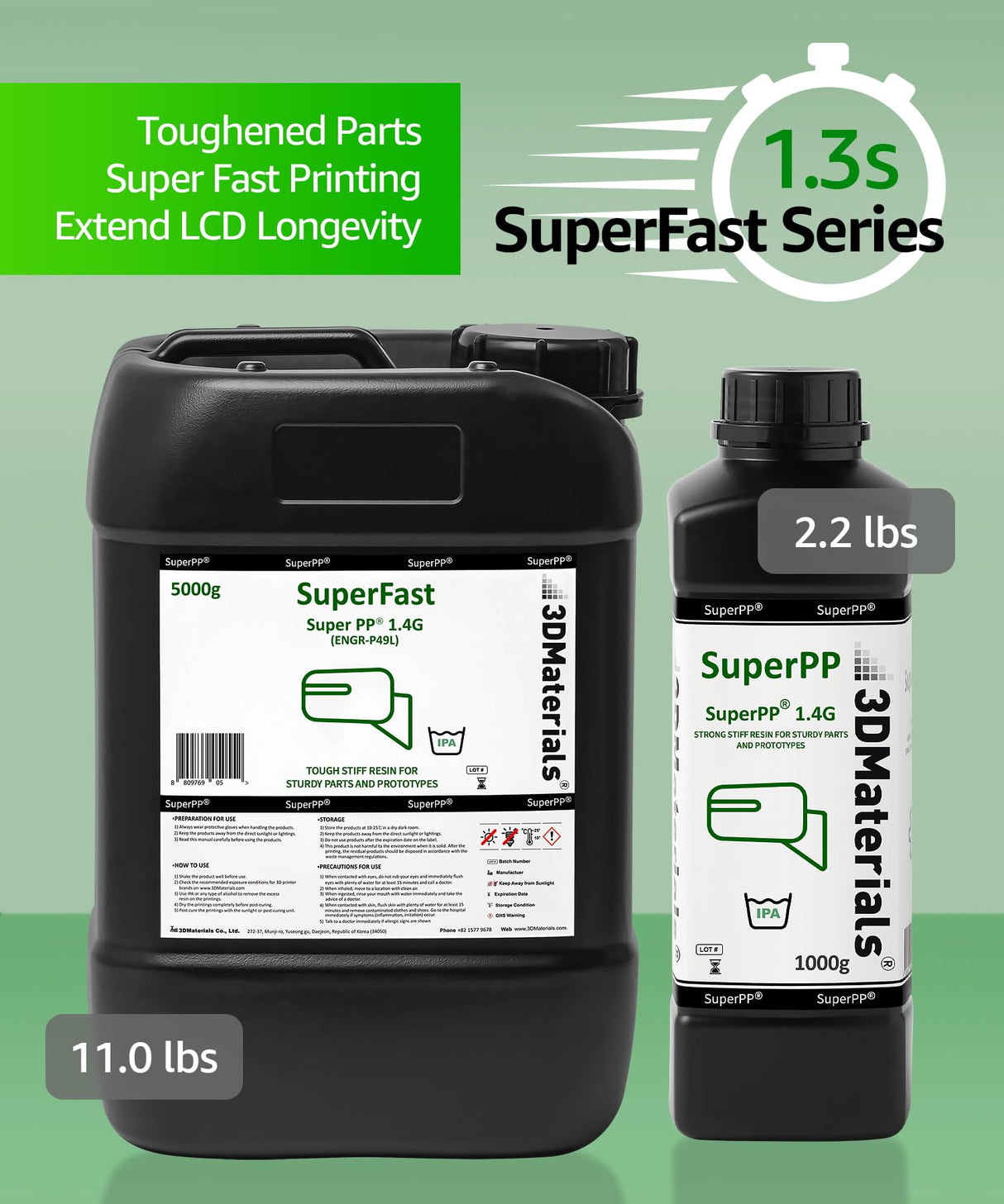 SuperPP Tough 3D Printer Resin Fastest 1.4GPa 50um Print in 1.3 secs, Made in Korea by 3DMaterials (5000g, Clear) 3DMaterials