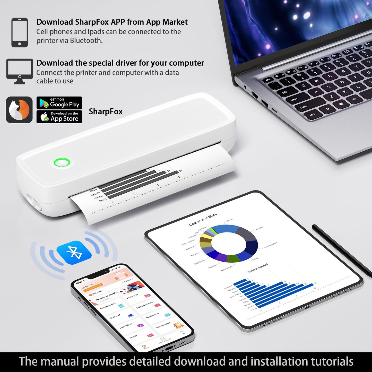 MinZhi Portable Thermal Printer,Wireless Printer Supports 8.5" X 11"US Letter&Legal,A4&A5 Paper,Bluetooth Inkless Travel Printer Compatible with Android iOS & Laptop for Office Travel Home