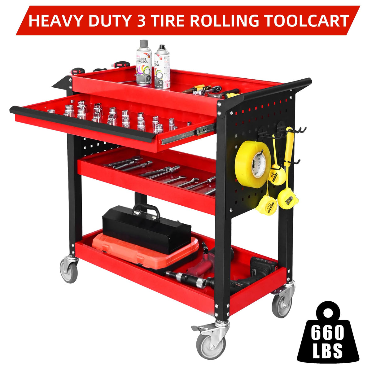 XCX 3 Tier Tool Cart on Wheels, Heavy Duty Metal Rolling Tool Cart with Drawers and Pegboards, 660 LBS Load Capacity Tool Storage Cart, Industrial Utility Tool Cart for Garage, Warehouse, Workshop XCX