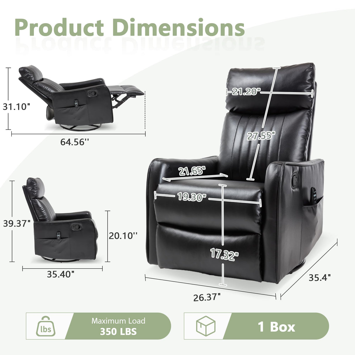 cinkehome Heated Massage Swivel Rocker Recliner Chair for Nursery - Small Space Reclining Chair with Lumbar Support, 360° Swivel & Gentle Rocking, Ergonomic High Back Faux Leather Black cinkehome