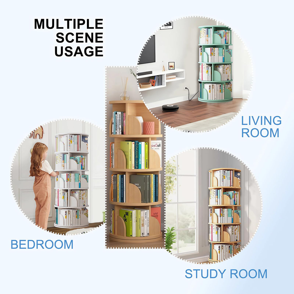 360° Rotating Bookshelf Tower for Kids & Adults - 5-Tier Wood Book Storage Rack in Green LSZMXI