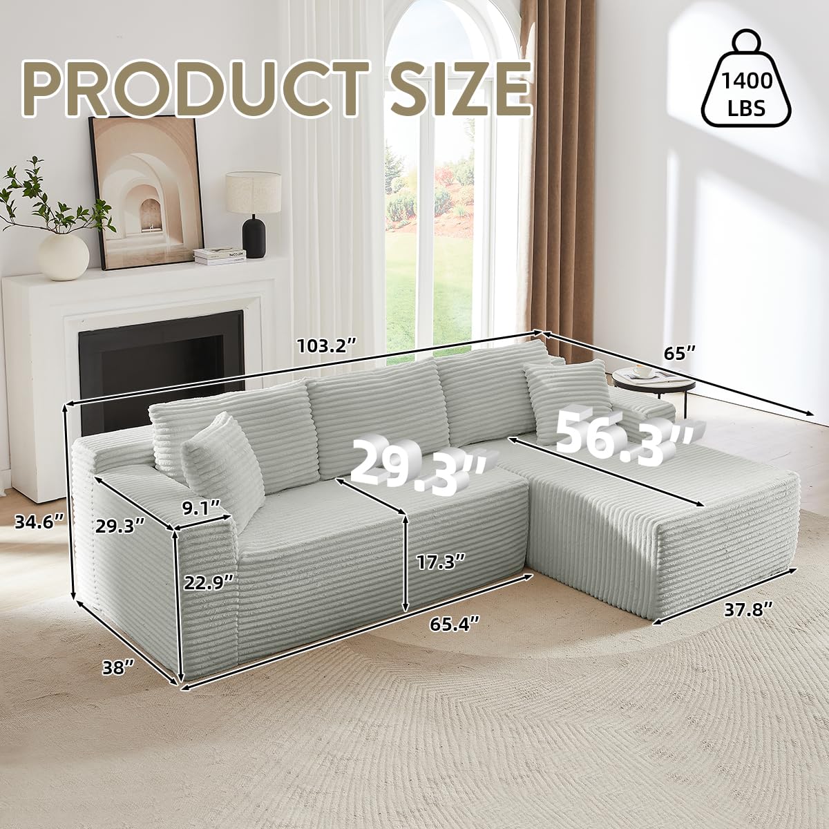 Modular Cloud Sectional Couch with L-Shape Chaise,Modern Upholstered Couches with Deep Seat,Corduroy Sponge Compressed Sofa for Living Room, Bedroom,No Assembly Required(Light Gray) ZKJOLMN