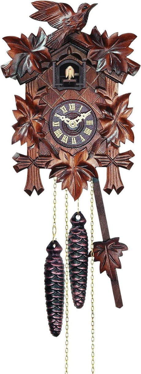 Pobking Engstler Quartz Cuckoo Clock 5-Leaves, with Singing Bird,Night Mode and Swinging Pendulum, Quartz Cuckoo Clock for Wall, Walnut Pobking