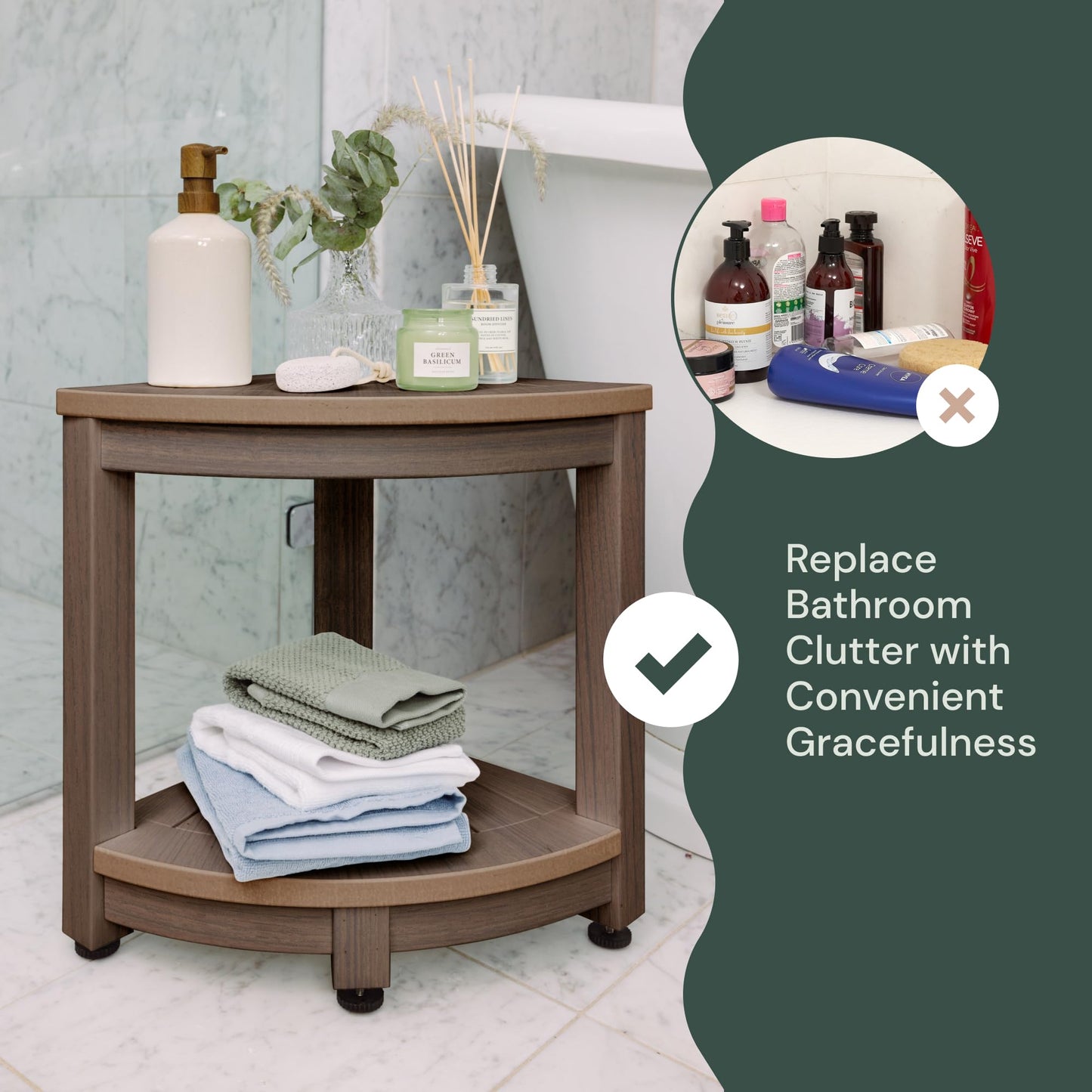 ROHKEX Corner Shower Stool HIPS - Waterproof Shower Bench for Shaving Legs - Easily Assembled Shower Organizer - Shower Seat for Inside Shower (Brown) - WoodArtSupply