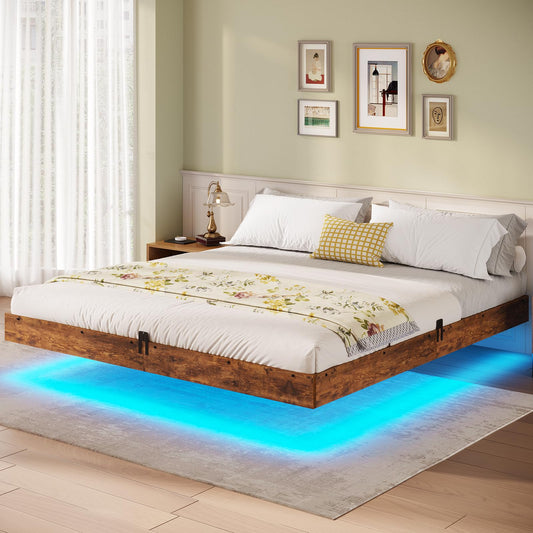 BTHFST King Size Floating Bed Frame with LED Lights - Industrial Vintage Brown Design, Noise-Free, No Box Spring Needed - WoodArtSupply