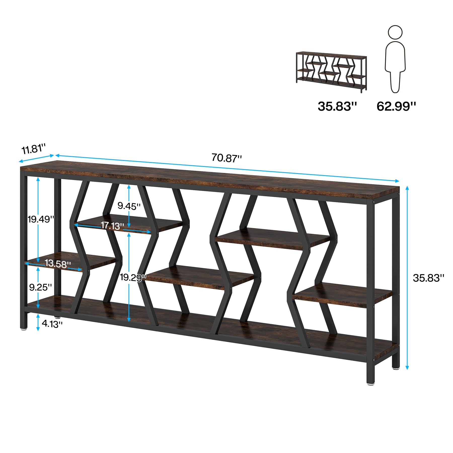 Tribesigns 70.9 Inches Sofa Console Table with 4 Tier Wood Storage Shelves, Industrial Extra Long Narrow Entryway Accent Tables for Hallway, Living Room, Foyer (Rustic Brown) - WoodArtSupply