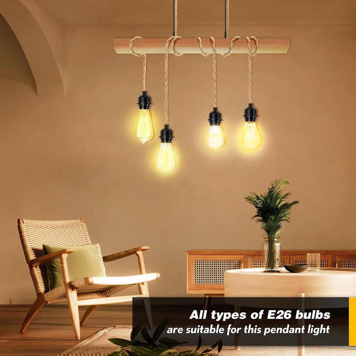 LYOOWNG Plug in Pendant Light Cord, Farmhouse Hanging Lights with Plug in Cord, 15FT Hemp Rope Plugin Hanging Light Cord Kit with On/Off Switch, E26 E27 Light SocketCord for HangingLight LYOOWNG
