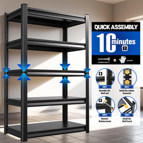 PKDYEZ 72''H/47''W Garage Shelving 5-Tier Adjustable Metal Garage Shelves Heavy Duty Unit,3000 LBS Steel Shelf Storage Rack Suitable for Industries,Warehouses,Basement,Black (72''H x 47''W x 20''D) PKDYEZ
