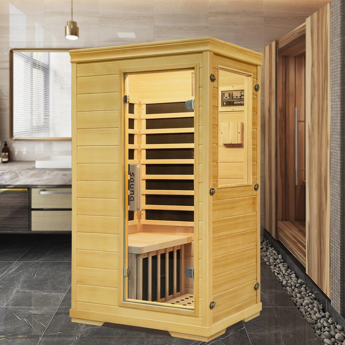 1-Person Far Infrared Home Sauna, Side-Opening Hemlock Wooden Indoor Mini Sauna 1050W Constant Temperature Control Personal Dry Sauna Home Spa,Time and Temp Pre-Set，Valentine's Day