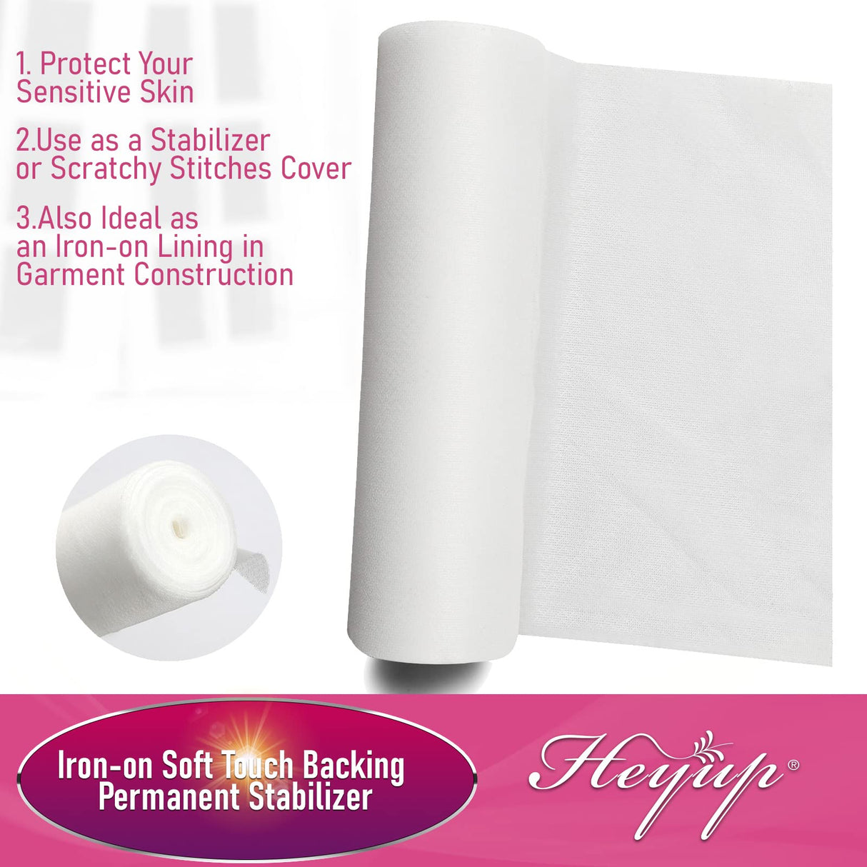 Iron on Embroidery Stitch Cover 8" x 9 Yd Light Weight Stabilizer Prevent Scratchy or Itchy Stitches, Soft Touch Backing for Sensitive Skin, Babies, and Embroidery Garments, 1 Pack HEYUP