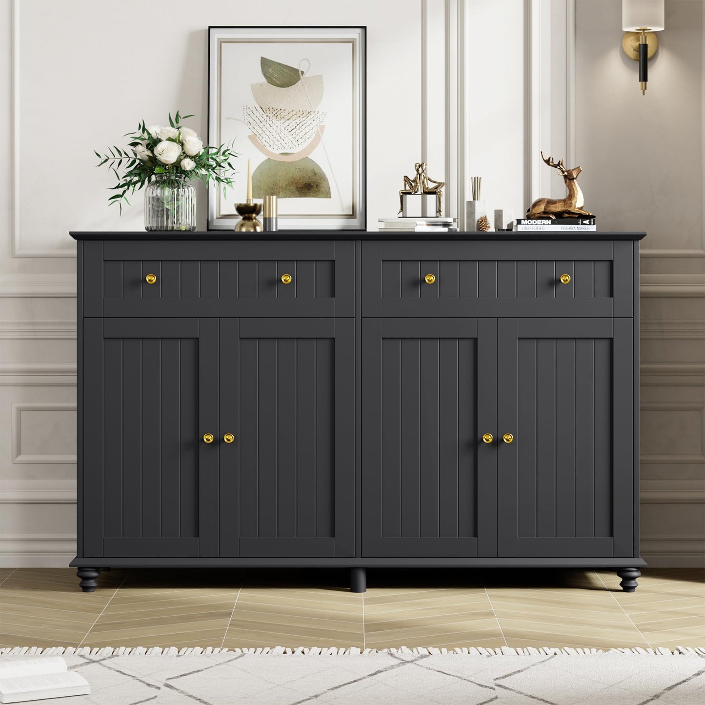 finetones Buffet Cabinet with Storage, 55.1” Large Sideboard Buffet Cabinet, Black Kitchen Cabinet Display Cabinet with 2 Drawers and 4 Doors, Wood Coffee Bar Cabinet for Kitchen Dining Room - WoodArtSupply