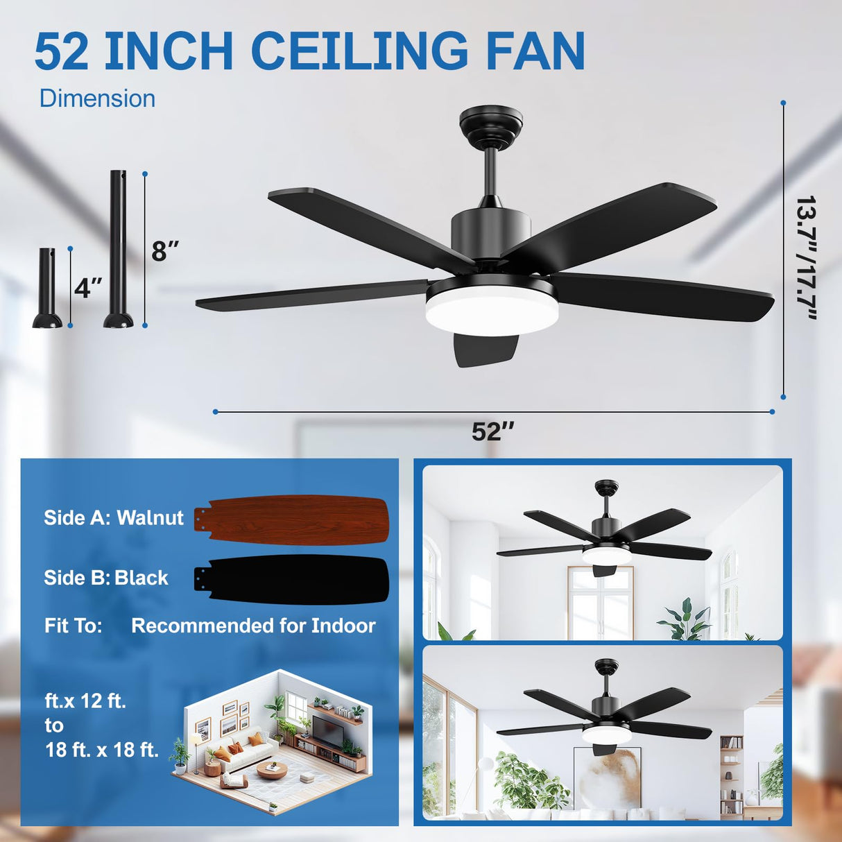 GHORA 52 Inch Ceiling Fans with Lights, Smart Ceiling Fan with Remote/APP/Alexa Control,Black Ceiling Fan with 6-Speeds Reversible Motor,WiFi Ceiling Fans for Bedroom,Farmhouse,Indoor/Outdoor GHORA