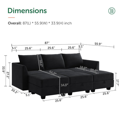 HONBAY Modular Sofa Sectional Sleeper Couch with Ottoman Velvet 6 Seater Sofa with Storage Seat Convertible Sectional Sofa Couch Set for Living Room, Black