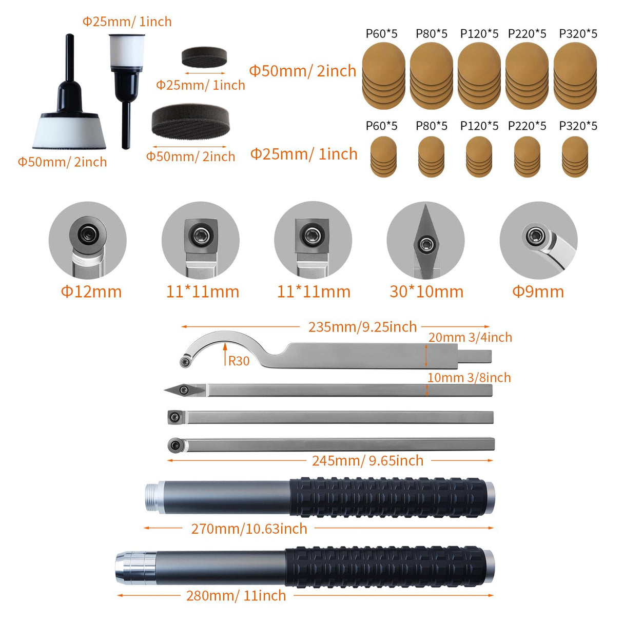 RUITOOL Carbide Wood Lathe Turning Tools Set with Bowl Sander, Including Swan Neck Hollower, Rougher, Finisher, Detailer, 1" & 2" Mandrels, Sandpapers and Aluminum Alloy Handles for Woodturning RUITOOL