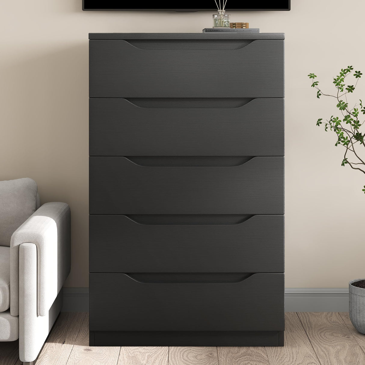 Black Tall 5 Drawer Dresser for Bedroom with Hidden Storage Design, Large Modern Closet Dressers & Chests of Drawers with Cut-Out Handles, 27.6" L*15.8" W*45.3" H for Bedroom, Living Room, Nursery Jocoevol
