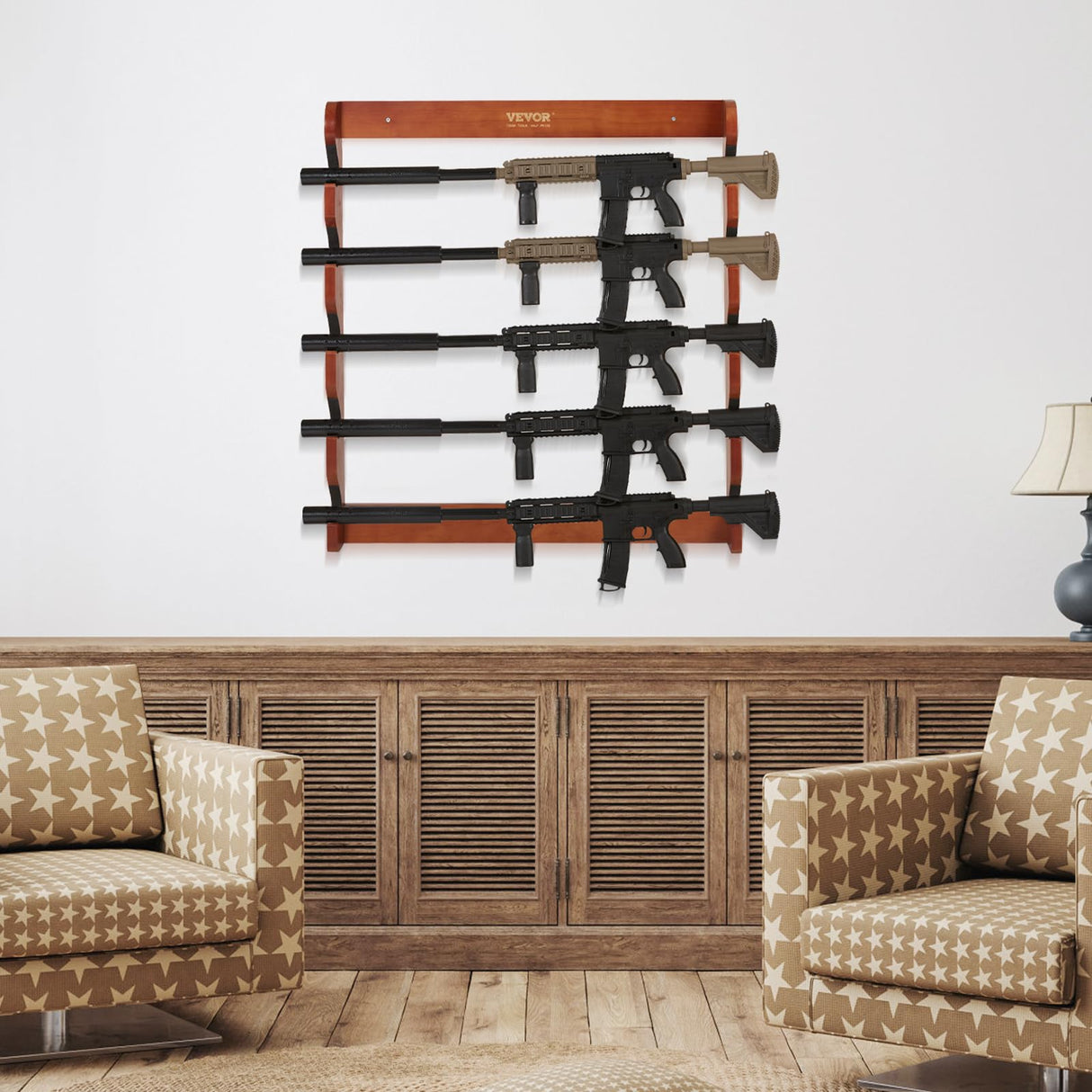 VEVOR Gun Rack, 5-Slot Wall Mounted Wooden Gun Rack, Heavy Duty Gun Display Rack Holds 5 Shotguns and Rifles, Wall Storage Display Rifle Rack with Soft Padding, 132 lbs Capacity VEVOR